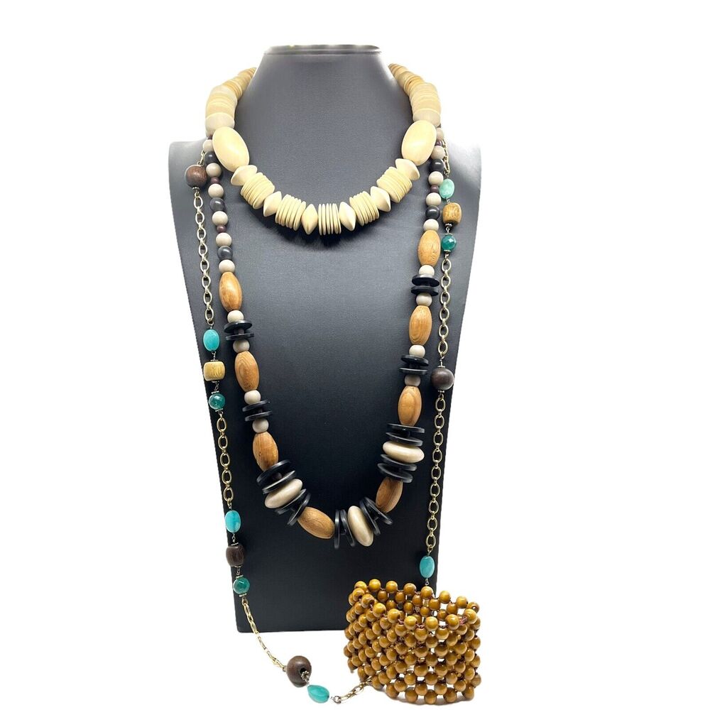 Wood Stone Beaded Necklaces & Stretch Bracelet Set Of Four Vintage 80s Bohemian